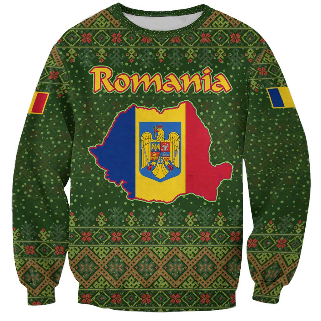 Romania Christmas Sweatshirt with Map Tricolor Flag Golden Eagle and Santa Motif - Wonder Print Shop