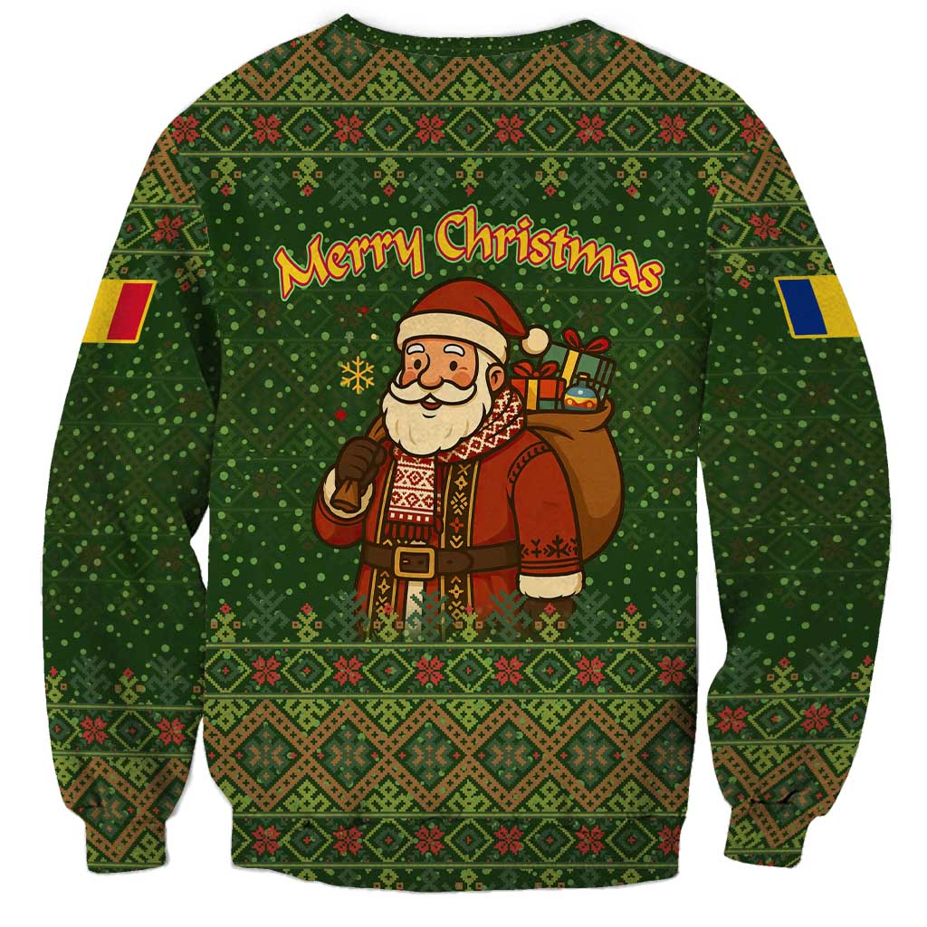 Romania Christmas Sweatshirt with Map Tricolor Flag Golden Eagle and Santa Motif - Wonder Print Shop