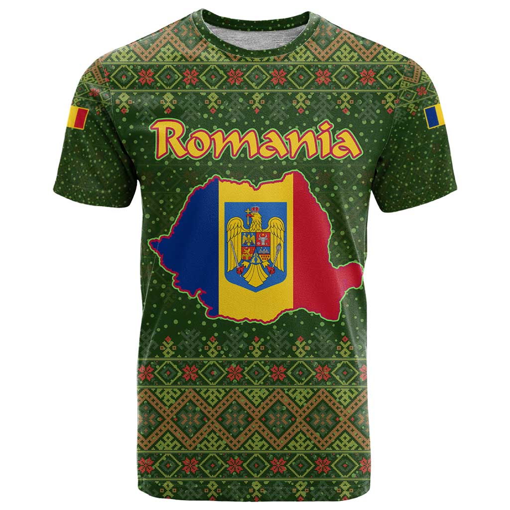 Romania Christmas T Shirt with Map Tricolor Flag Golden Eagle and Santa Motif - Wonder Print Shop