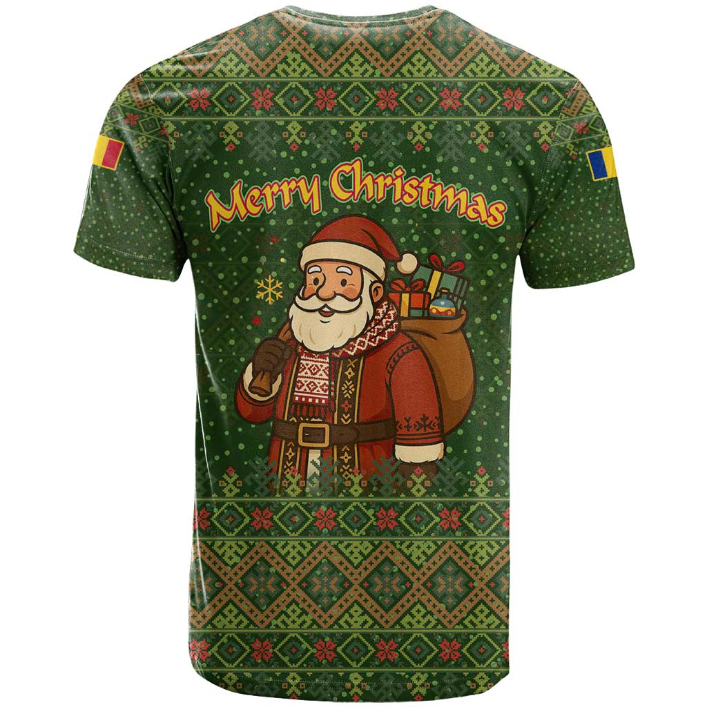 Romania Christmas T Shirt with Map Tricolor Flag Golden Eagle and Santa Motif - Wonder Print Shop