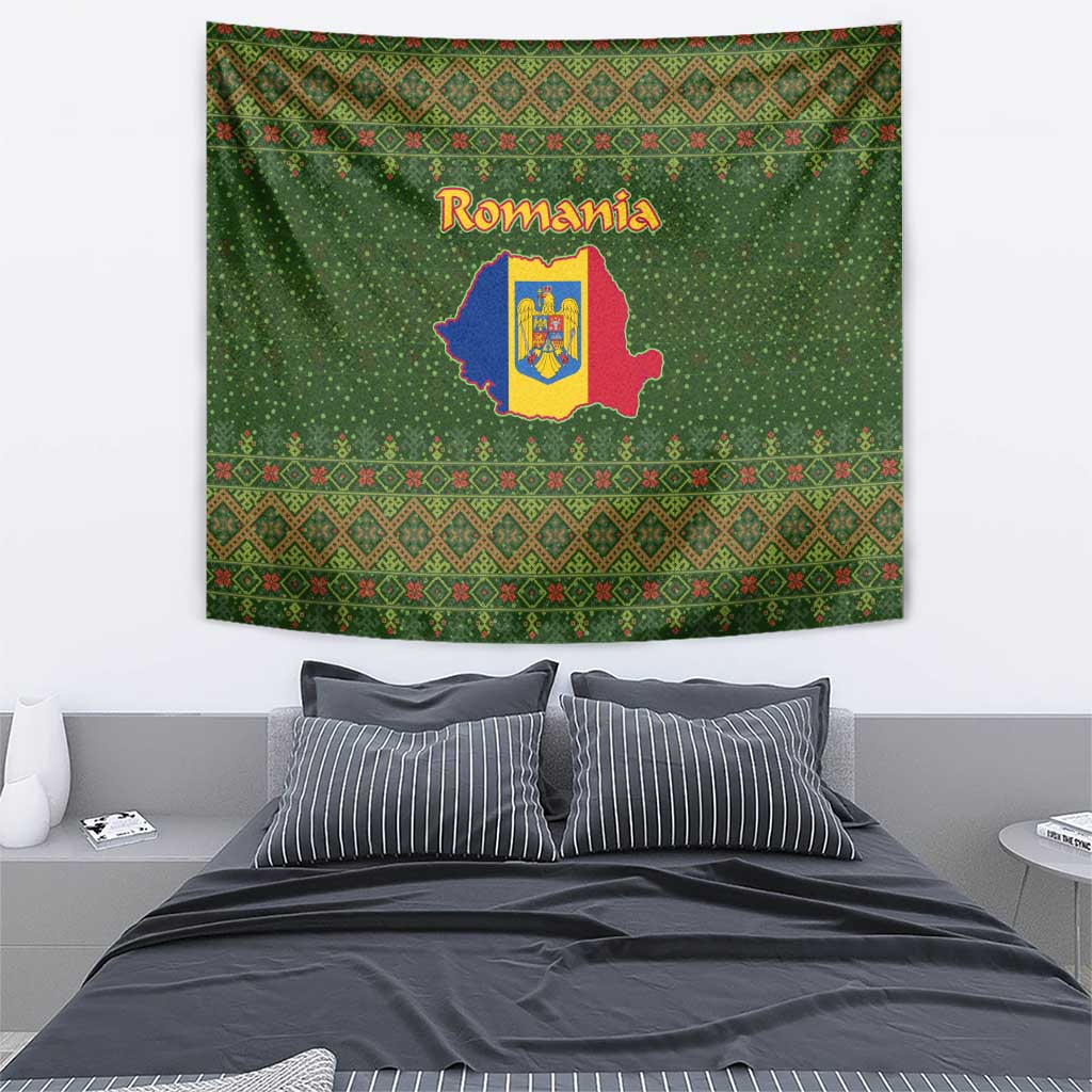 Romania Christmas Tapestry with Map Tricolor Flag Golden Eagle and Santa Motif - Wonder Print Shop