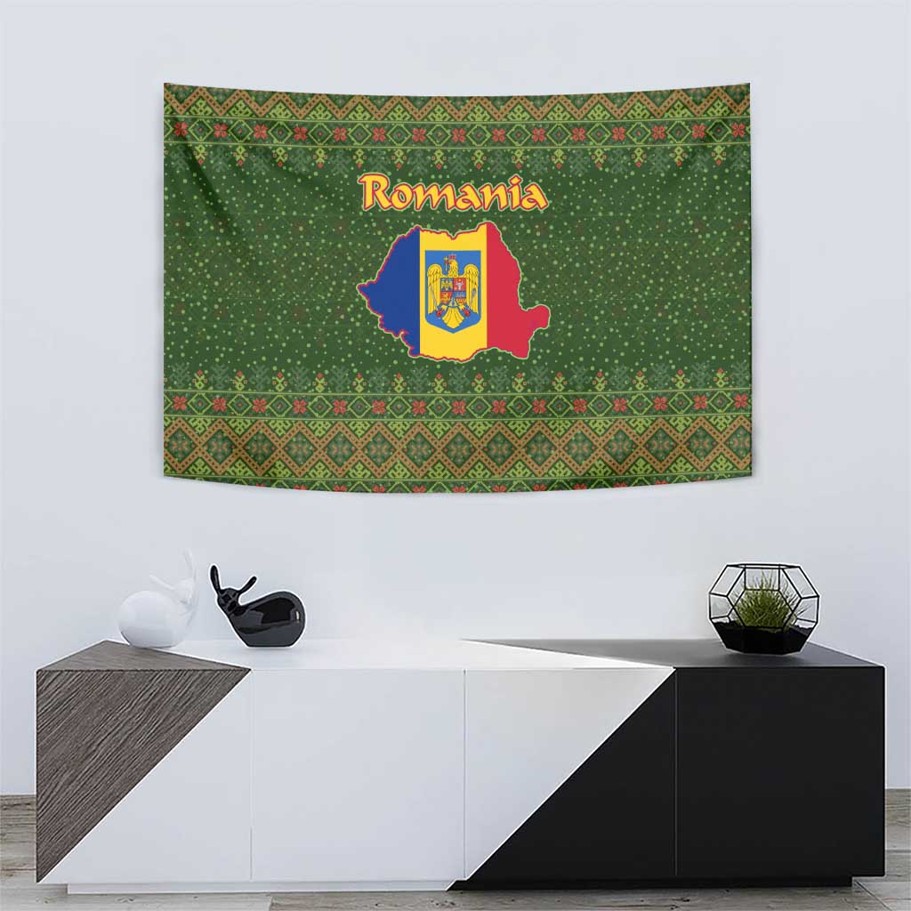 Romania Christmas Tapestry with Map Tricolor Flag Golden Eagle and Santa Motif - Wonder Print Shop