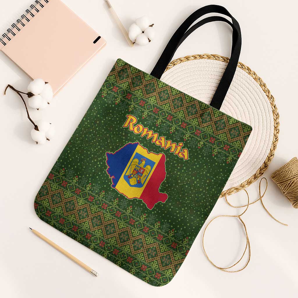 Romania Christmas Tote Bag with Map Tricolor Flag Golden Eagle and Santa Motif - Wonder Print Shop