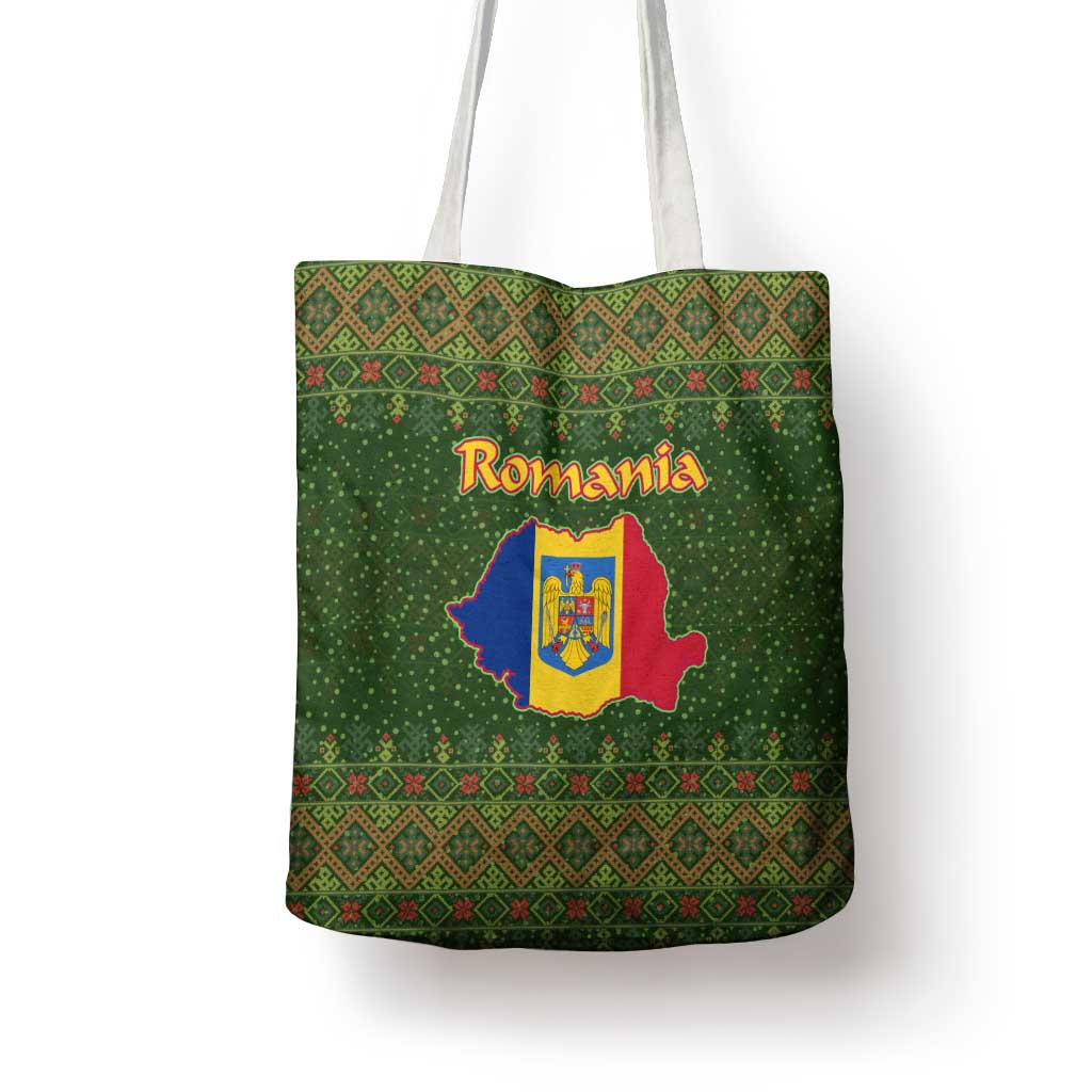 Romania Christmas Tote Bag with Map Tricolor Flag Golden Eagle and Santa Motif - Wonder Print Shop