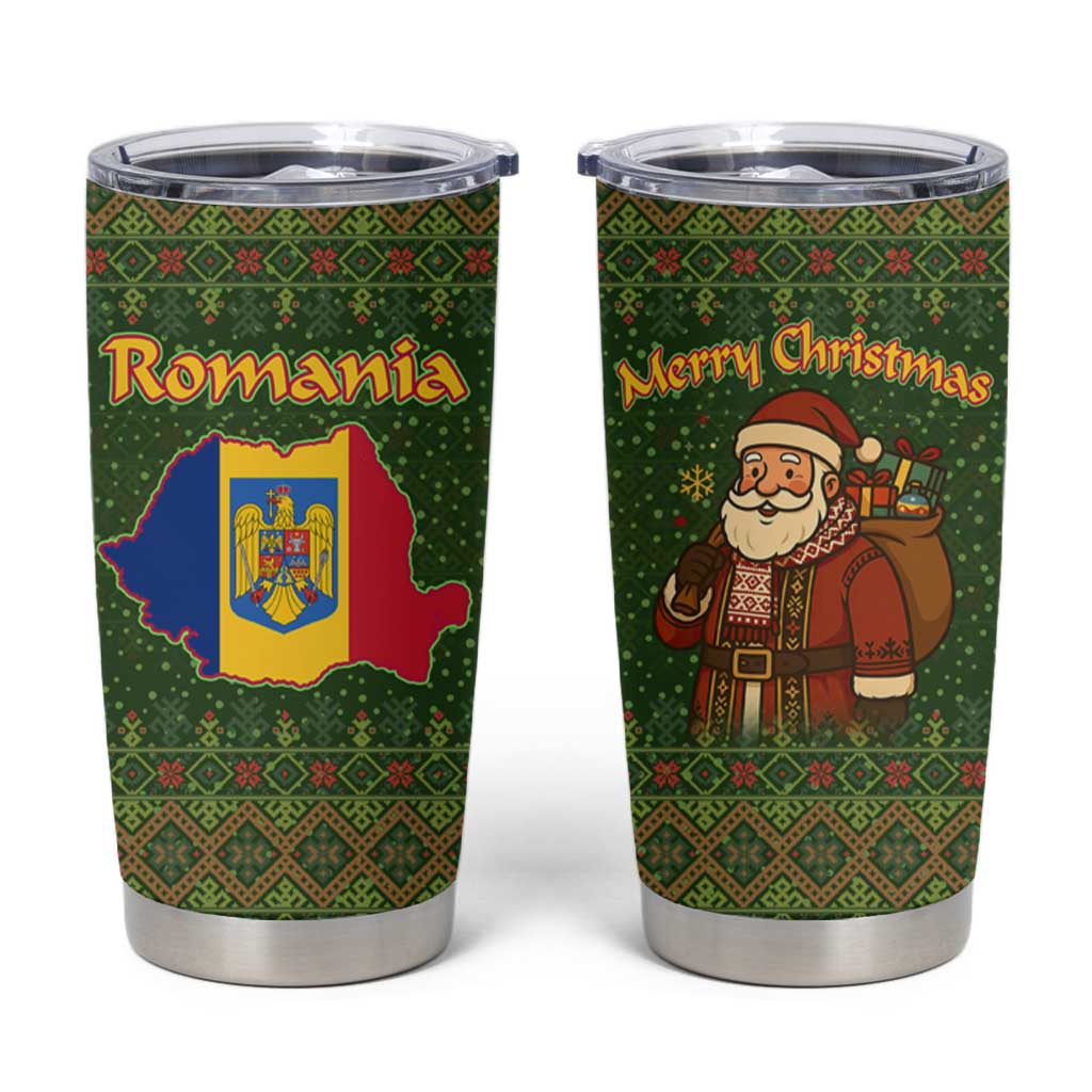 Romania Christmas Tumbler Cup with Map Tricolor Flag Golden Eagle and Santa Motif - Wonder Print Shop