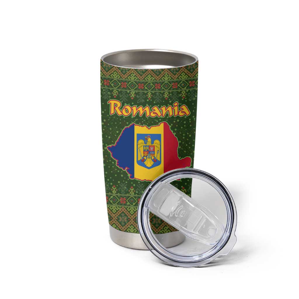 Romania Christmas Tumbler Cup with Map Tricolor Flag Golden Eagle and Santa Motif - Wonder Print Shop