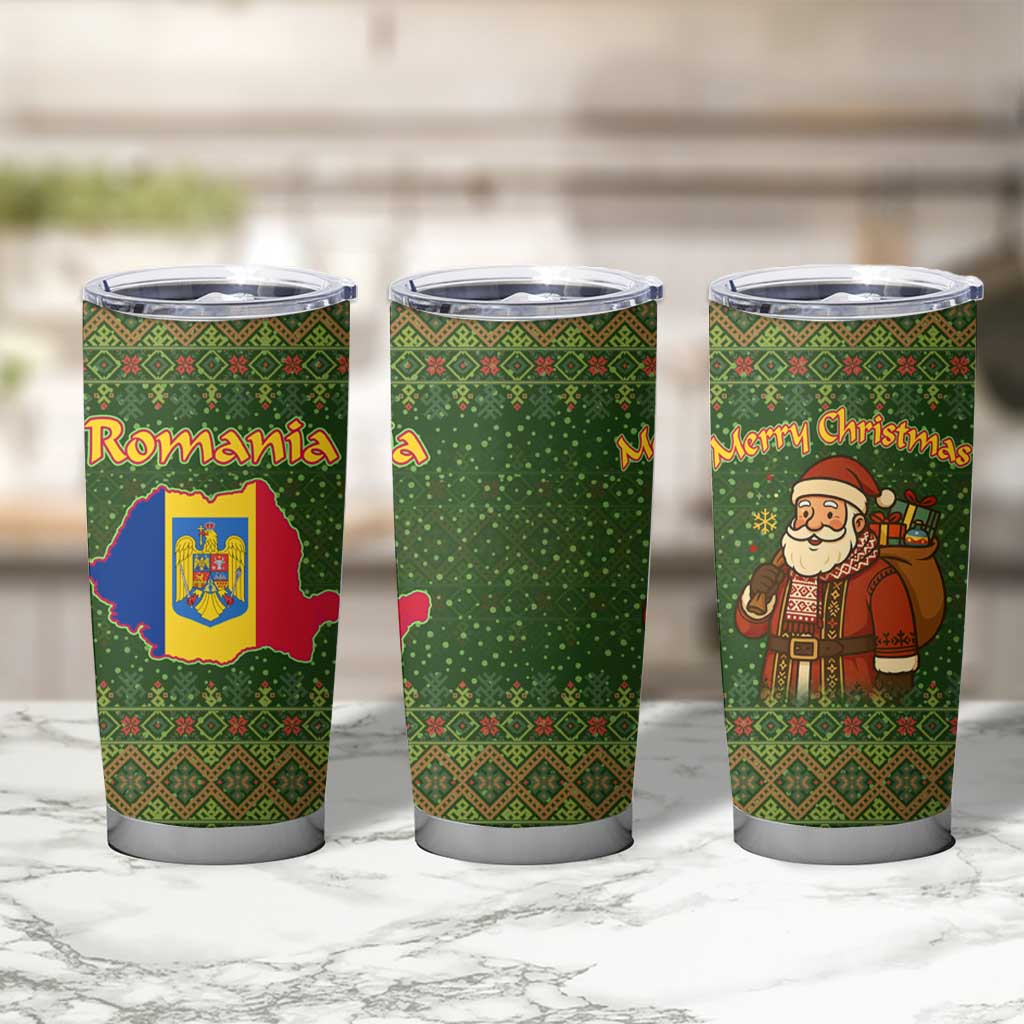 Romania Christmas Tumbler Cup with Map Tricolor Flag Golden Eagle and Santa Motif - Wonder Print Shop