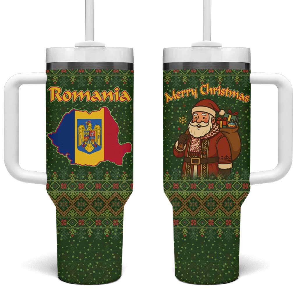 Romania Christmas Tumbler With Handle with Map Tricolor Flag Golden Eagle and Santa Motif - Wonder Print Shop