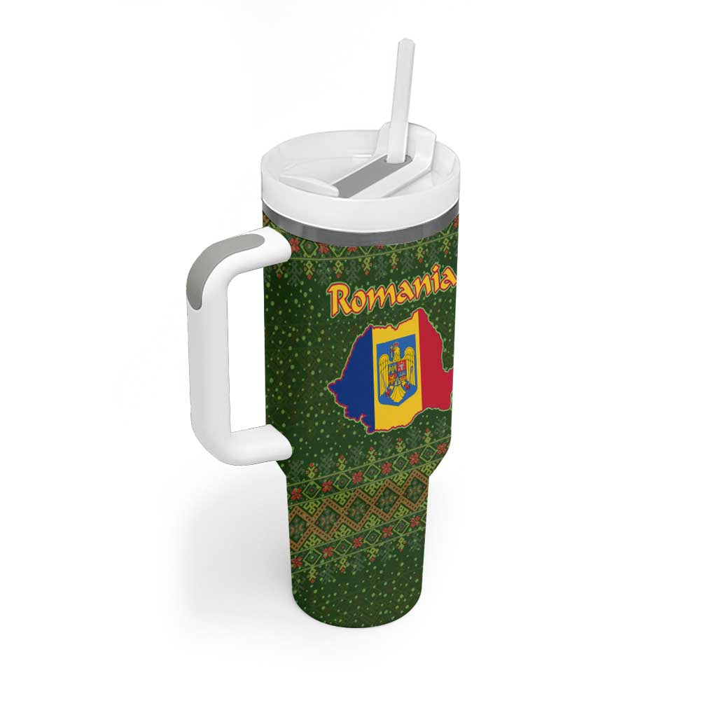 Romania Christmas Tumbler With Handle with Map Tricolor Flag Golden Eagle and Santa Motif - Wonder Print Shop