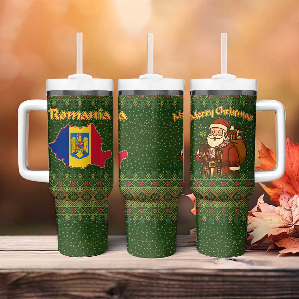 Romania Christmas Tumbler With Handle with Map Tricolor Flag Golden Eagle and Santa Motif - Wonder Print Shop