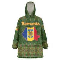 Romania Christmas Wearable Blanket Hoodie with Map Tricolor Flag Golden Eagle and Santa Motif - Wonder Print Shop