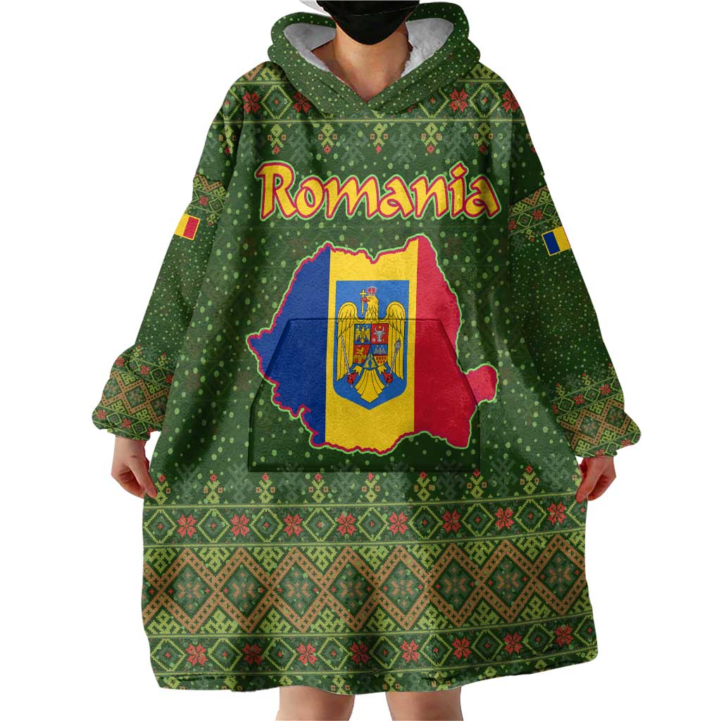 Romania Christmas Wearable Blanket Hoodie with Map Tricolor Flag Golden Eagle and Santa Motif - Wonder Print Shop