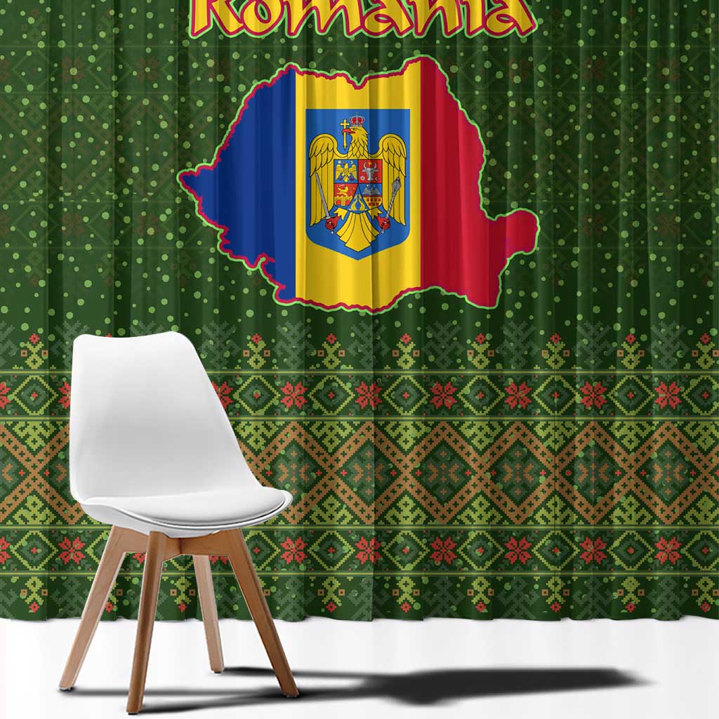 Romania Christmas Window Curtain with Map Tricolor Flag Golden Eagle and Santa Motif - Wonder Print Shop