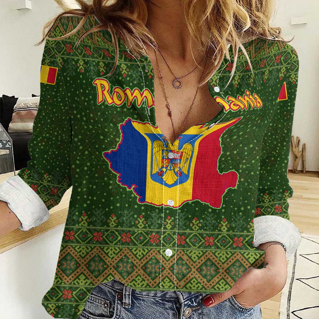 Romania Christmas Women Casual Shirt with Map Tricolor Flag Golden Eagle and Santa Motif - Wonder Print Shop
