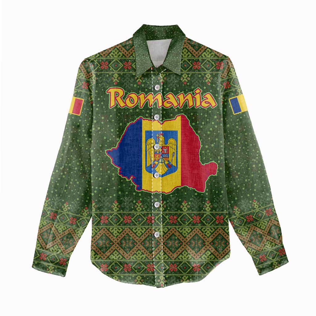 Romania Christmas Women Casual Shirt with Map Tricolor Flag Golden Eagle and Santa Motif - Wonder Print Shop