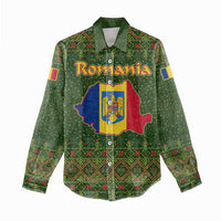 Romania Christmas Women Casual Shirt with Map Tricolor Flag Golden Eagle and Santa Motif - Wonder Print Shop