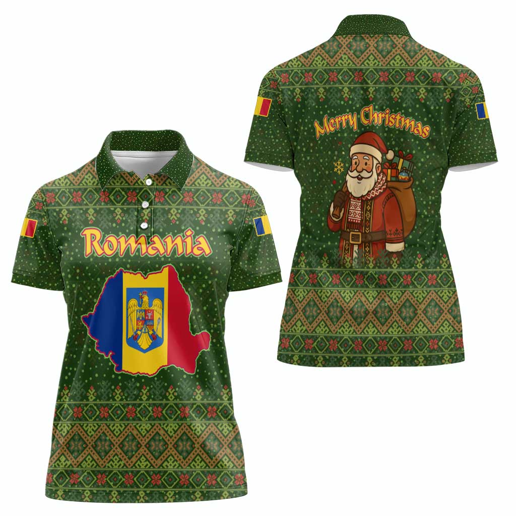 Romania Christmas Women Polo Shirt with Map Tricolor Flag Golden Eagle and Santa Motif - Wonder Print Shop