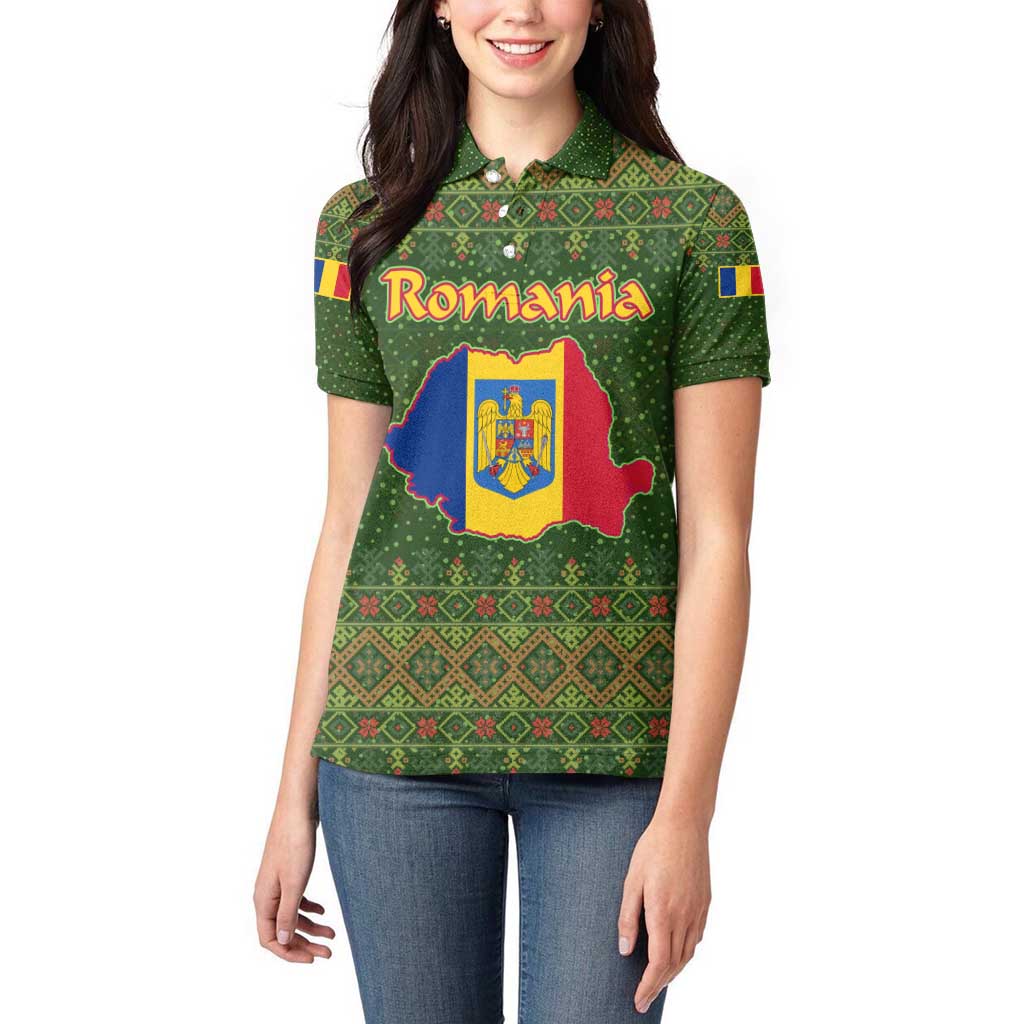 Romania Christmas Women Polo Shirt with Map Tricolor Flag Golden Eagle and Santa Motif - Wonder Print Shop