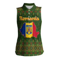 Romania Christmas Women Sleeveless Polo Shirt with Map Tricolor Flag Golden Eagle and Santa Motif - Wonder Print Shop