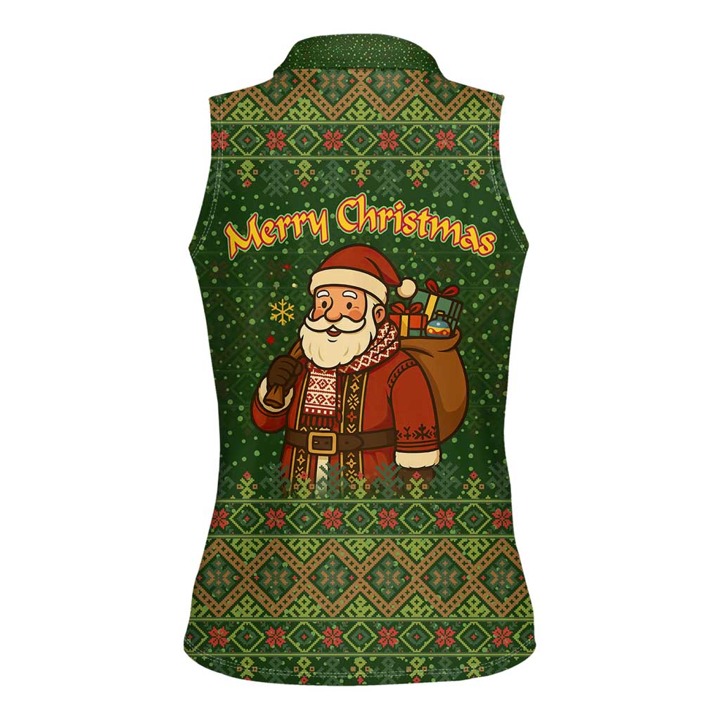 Romania Christmas Women Sleeveless Polo Shirt with Map Tricolor Flag Golden Eagle and Santa Motif - Wonder Print Shop