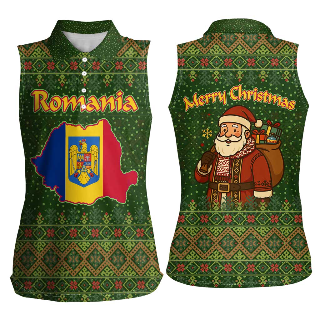 Romania Christmas Women Sleeveless Polo Shirt with Map Tricolor Flag Golden Eagle and Santa Motif - Wonder Print Shop