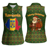 Romania Christmas Women Sleeveless Polo Shirt with Map Tricolor Flag Golden Eagle and Santa Motif - Wonder Print Shop