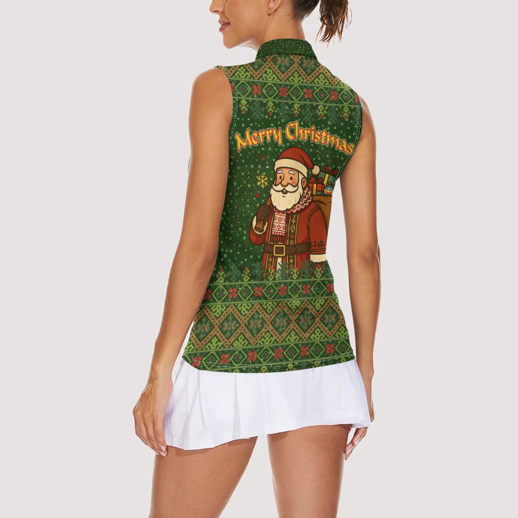 Romania Christmas Women Sleeveless Polo Shirt with Map Tricolor Flag Golden Eagle and Santa Motif - Wonder Print Shop