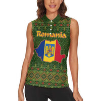 Romania Christmas Women Sleeveless Polo Shirt with Map Tricolor Flag Golden Eagle and Santa Motif - Wonder Print Shop