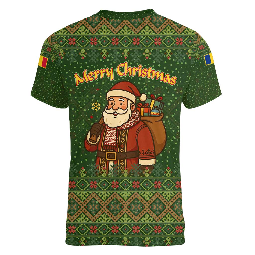 Romania Christmas Women V-Neck T-Shirt with Map Tricolor Flag Golden Eagle and Santa Motif - Wonder Print Shop