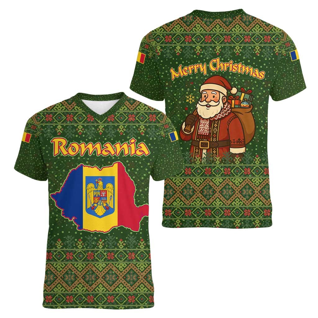 Romania Christmas Women V-Neck T-Shirt with Map Tricolor Flag Golden Eagle and Santa Motif - Wonder Print Shop