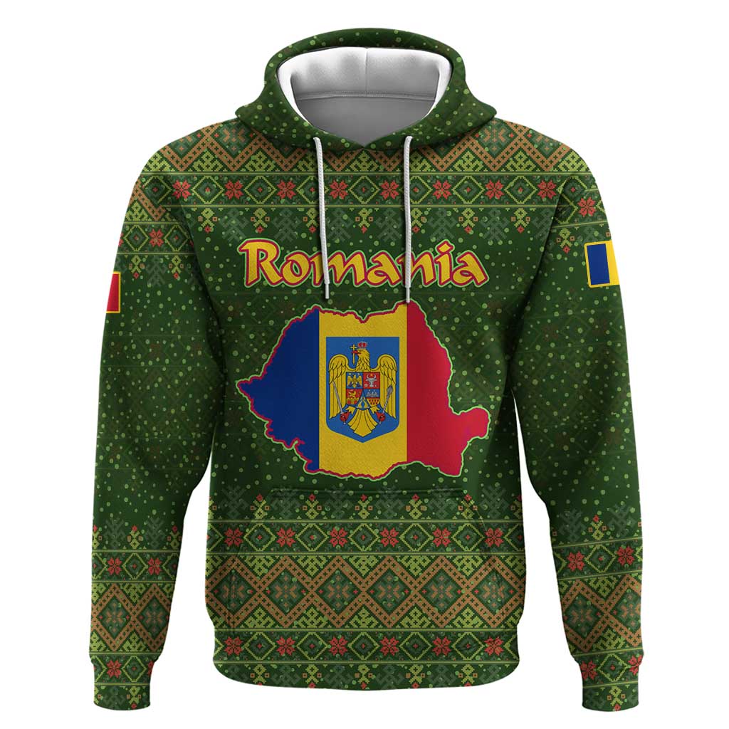 Romania Christmas Zip Hoodie with Map Tricolor Flag Golden Eagle and Santa Motif - Wonder Print Shop