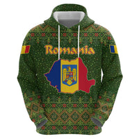 Romania Christmas Zip Hoodie with Map Tricolor Flag Golden Eagle and Santa Motif - Wonder Print Shop
