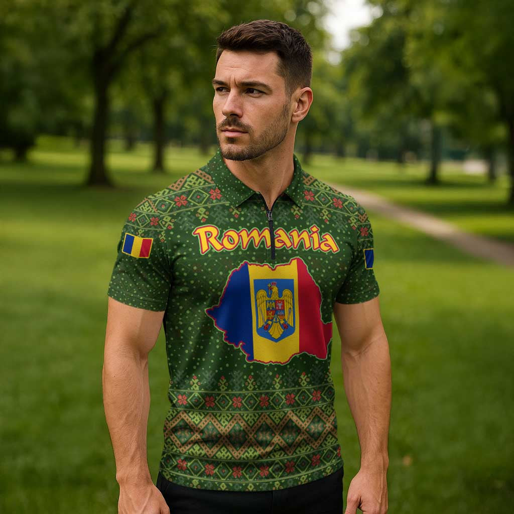 Romania Christmas Zipper Polo Shirt with Map Tricolor Flag Golden Eagle and Santa Motif - Wonder Print Shop