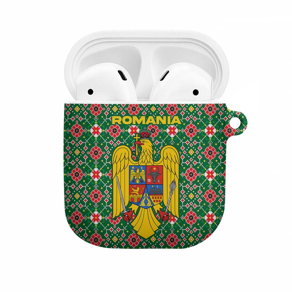 Romania Christmas AirPods Case with Green and Red Pattern Golden Eagle and Santa Motif - Wonder Print Shop