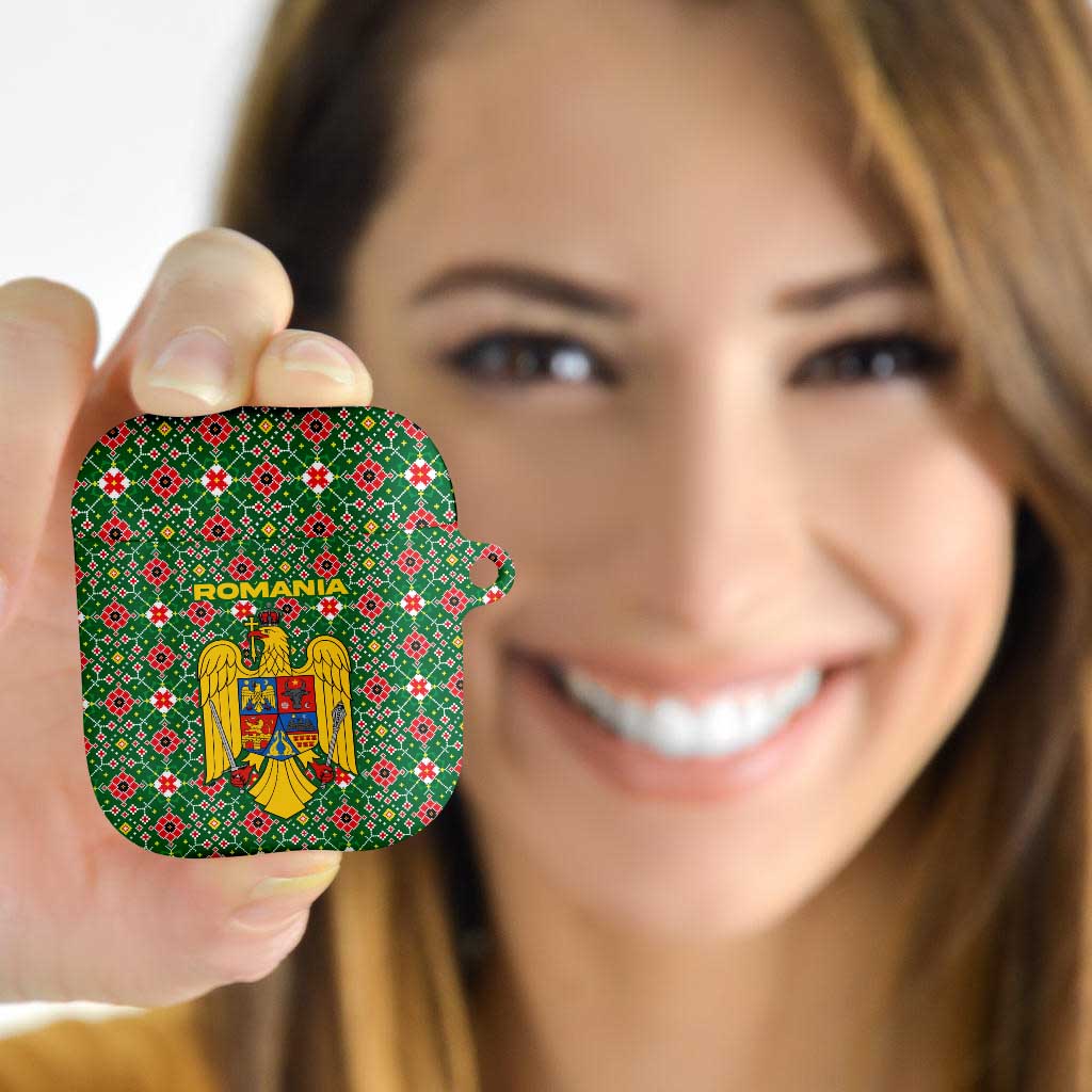 Romania Christmas AirPods Case with Green and Red Pattern Golden Eagle and Santa Motif - Wonder Print Shop