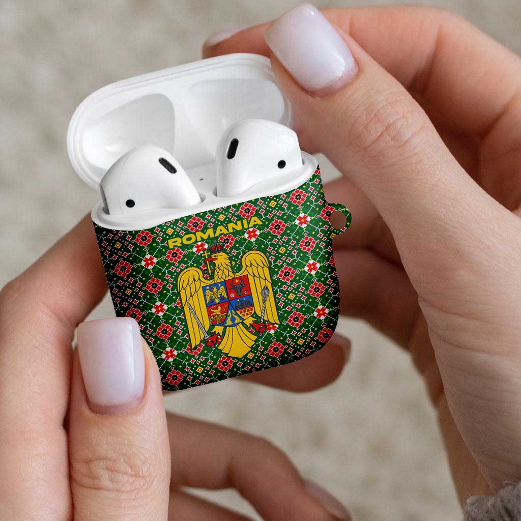Romania Christmas AirPods Case with Green and Red Pattern Golden Eagle and Santa Motif - Wonder Print Shop