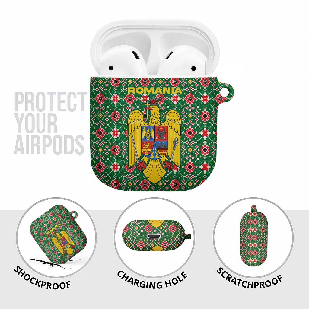 Romania Christmas AirPods Case with Green and Red Pattern Golden Eagle and Santa Motif - Wonder Print Shop