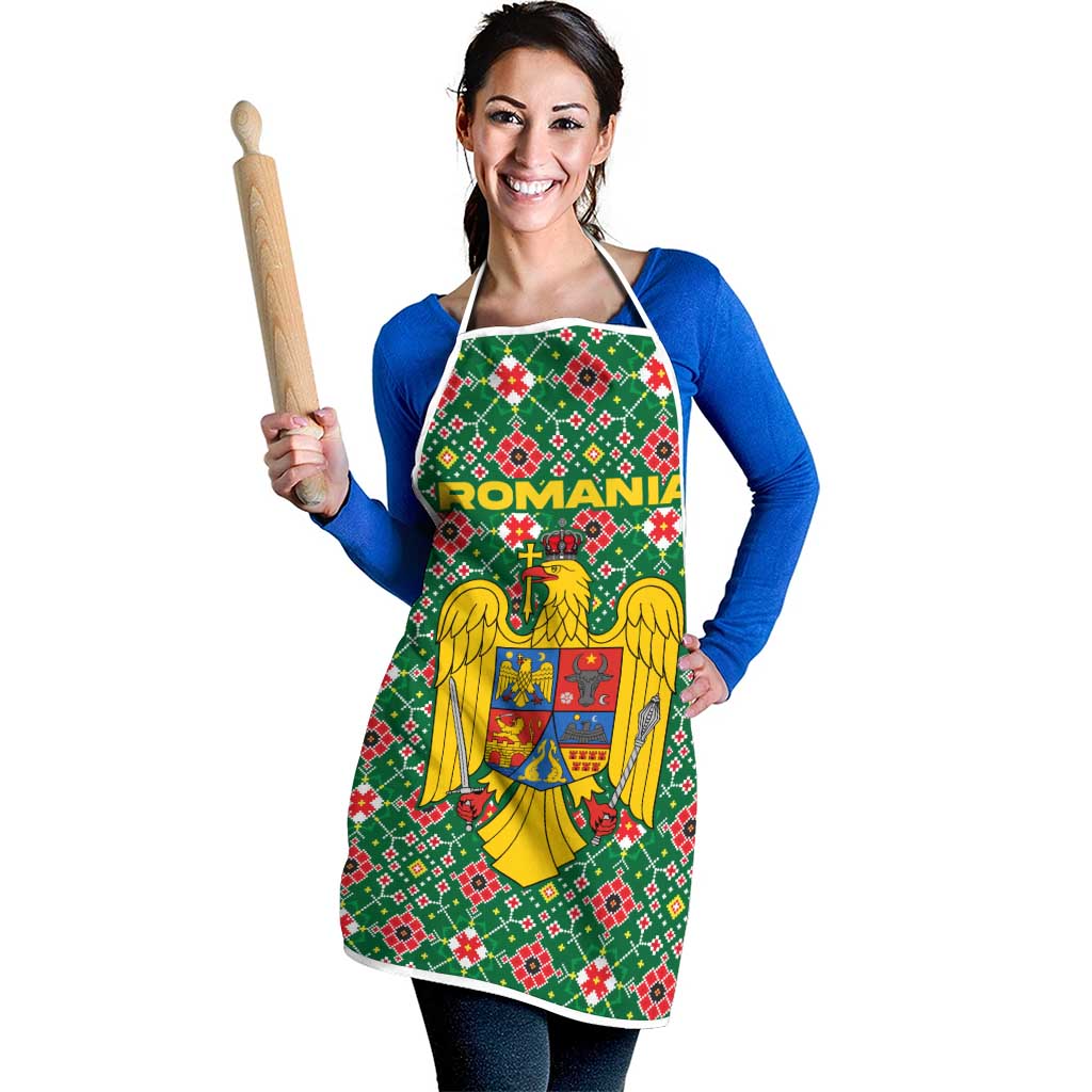 Romania Christmas Apron with Green and Red Pattern Golden Eagle and Santa Motif - Wonder Print Shop