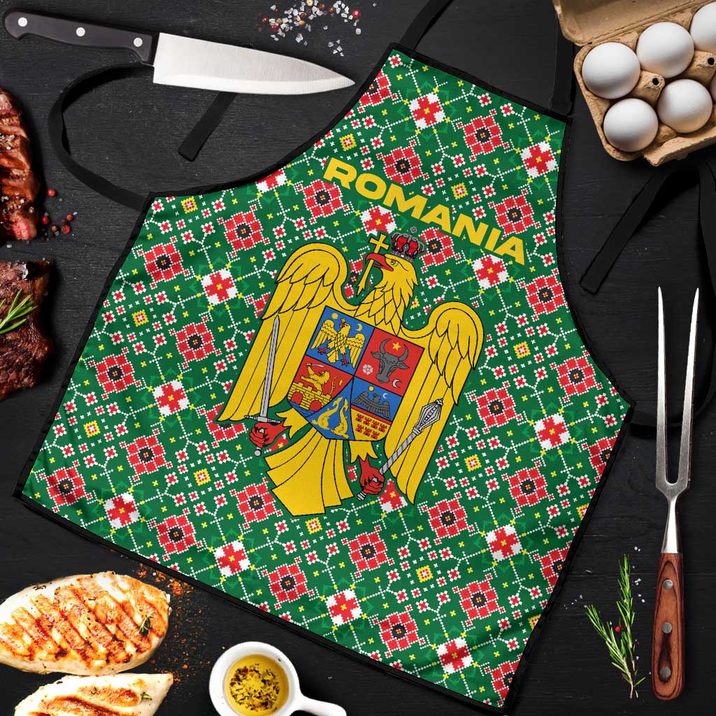 Romania Christmas Apron with Green and Red Pattern Golden Eagle and Santa Motif - Wonder Print Shop