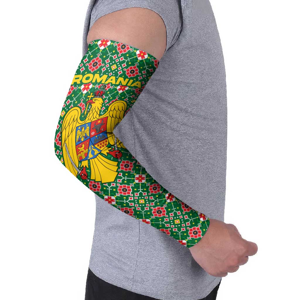 Romania Christmas Arm Sleeves with Green and Red Pattern Golden Eagle and Santa Motif - Wonder Print Shop