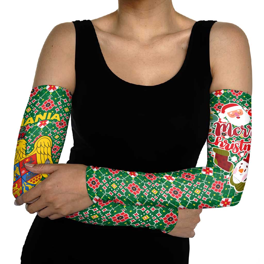 Romania Christmas Arm Sleeves with Green and Red Pattern Golden Eagle and Santa Motif - Wonder Print Shop