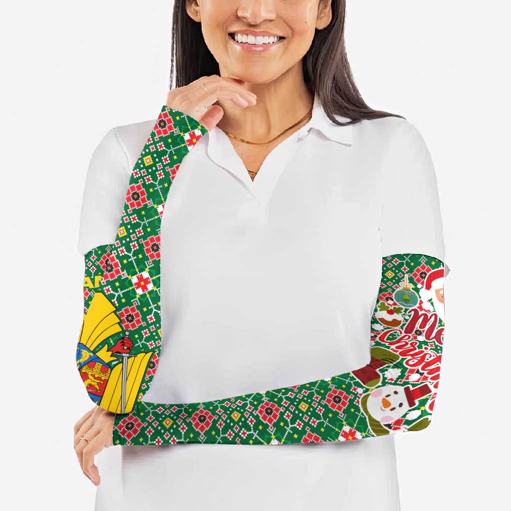 Romania Christmas Arm Sleeves with Green and Red Pattern Golden Eagle and Santa Motif - Wonder Print Shop