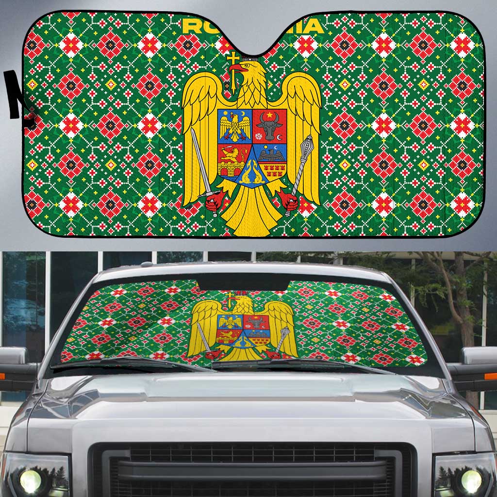 Romania Christmas Auto Sun Shade with Green and Red Pattern Golden Eagle and Santa Motif - Wonder Print Shop