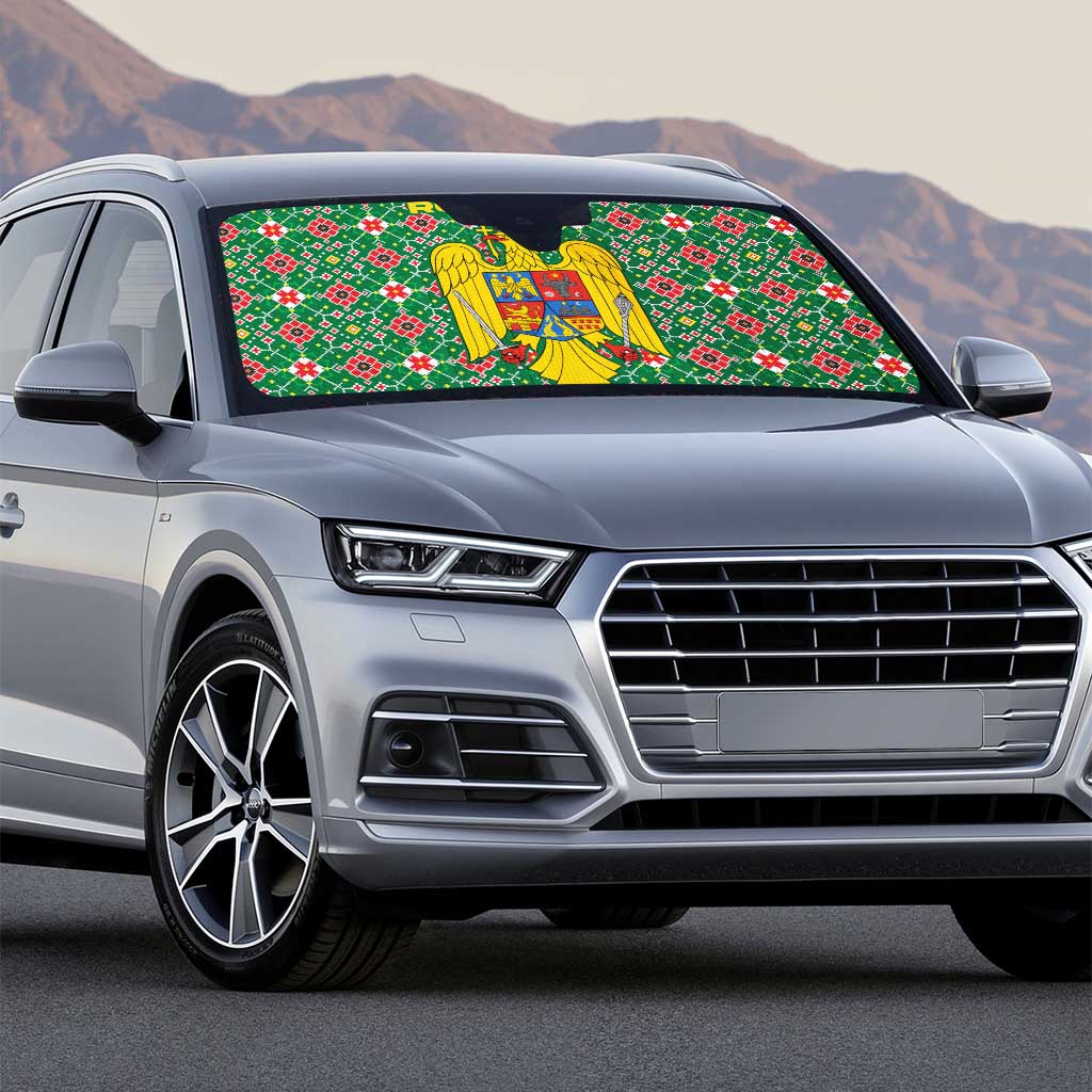 Romania Christmas Auto Sun Shade with Green and Red Pattern Golden Eagle and Santa Motif - Wonder Print Shop