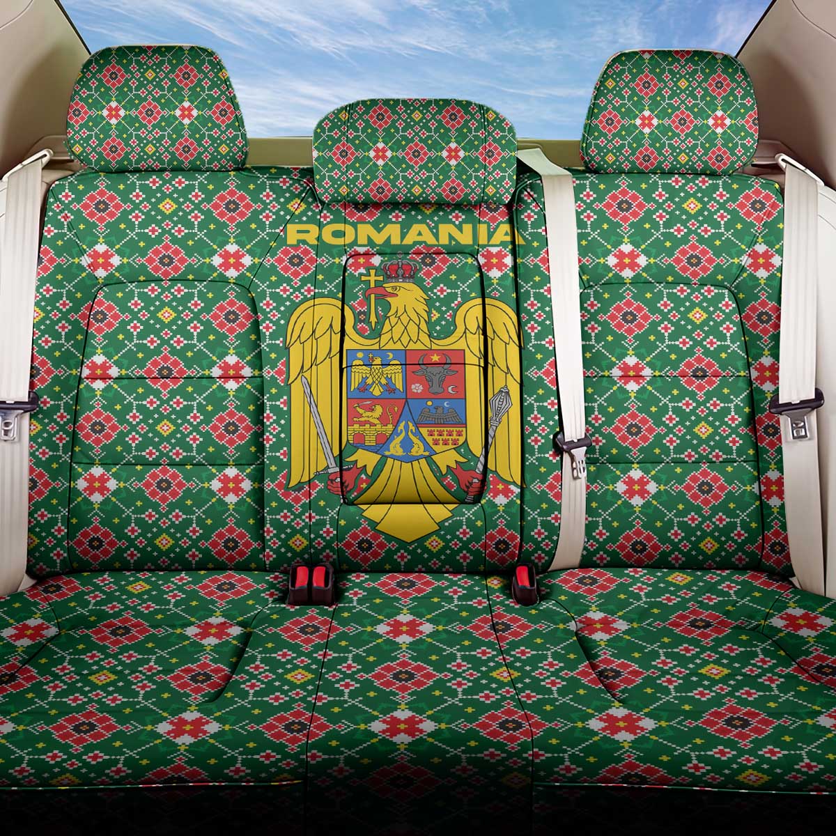 Romania Christmas Back Car Seat Cover with Green and Red Pattern Golden Eagle and Santa Motif - Wonder Print Shop