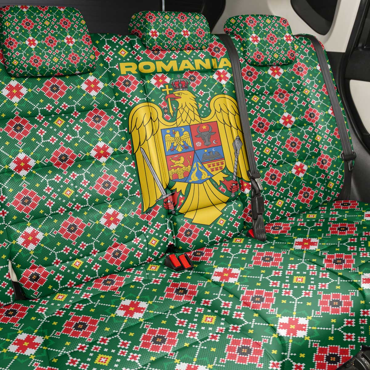 Romania Christmas Back Car Seat Cover with Green and Red Pattern Golden Eagle and Santa Motif - Wonder Print Shop