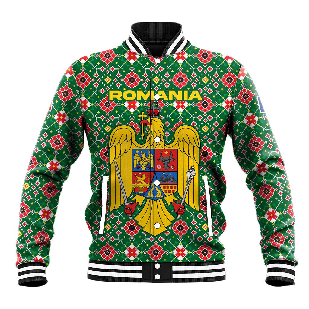Romania Christmas Baseball Jacket with Green and Red Pattern Golden Eagle and Santa Motif - Wonder Print Shop