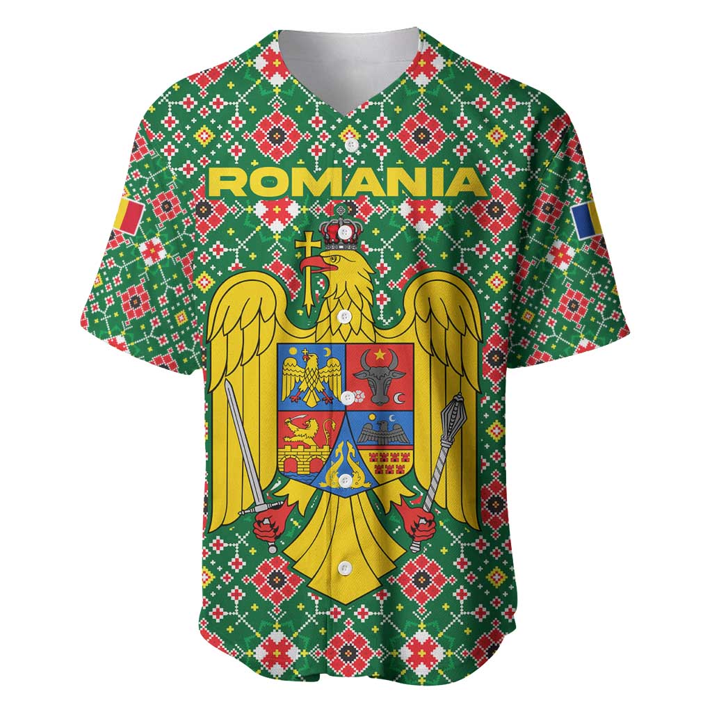 Romania Christmas Baseball Jersey with Green and Red Pattern Golden Eagle and Santa Motif - Wonder Print Shop