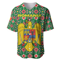 Romania Christmas Baseball Jersey with Green and Red Pattern Golden Eagle and Santa Motif - Wonder Print Shop