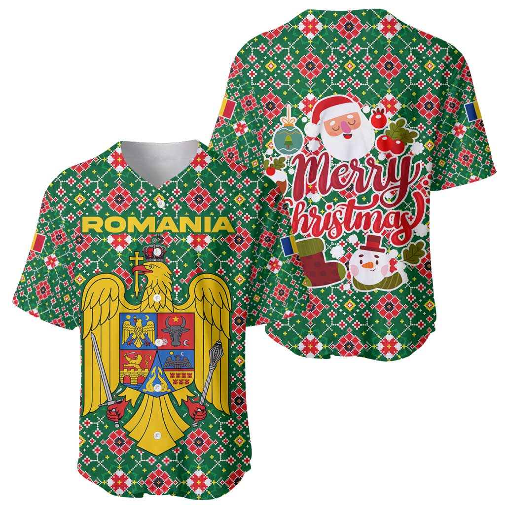 Romania Christmas Baseball Jersey with Green and Red Pattern Golden Eagle and Santa Motif - Wonder Print Shop